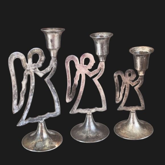 International Silver 3 Angel Candle Sticks Vintage with Patina Not Polished - Picture 2 of 14